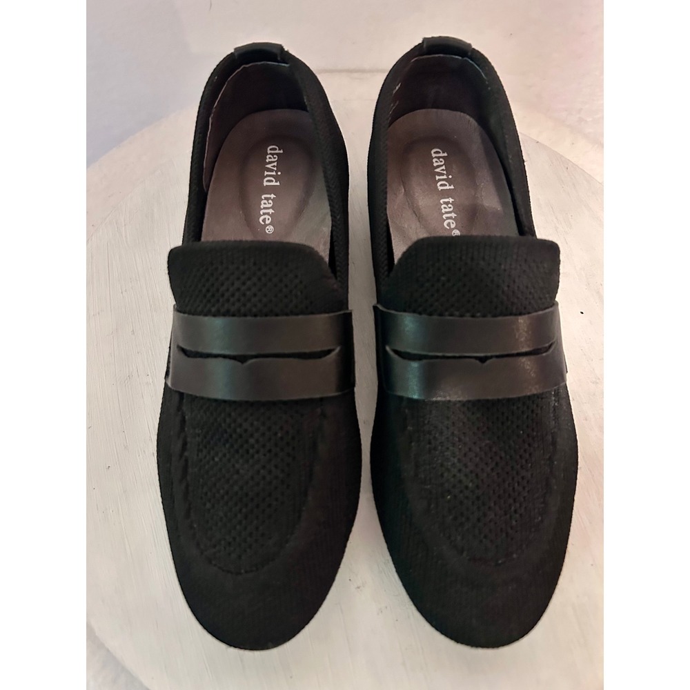 David Tate Womens Black Knit Penny Loafers Leather Trim HSS22-814 Size 4.5M